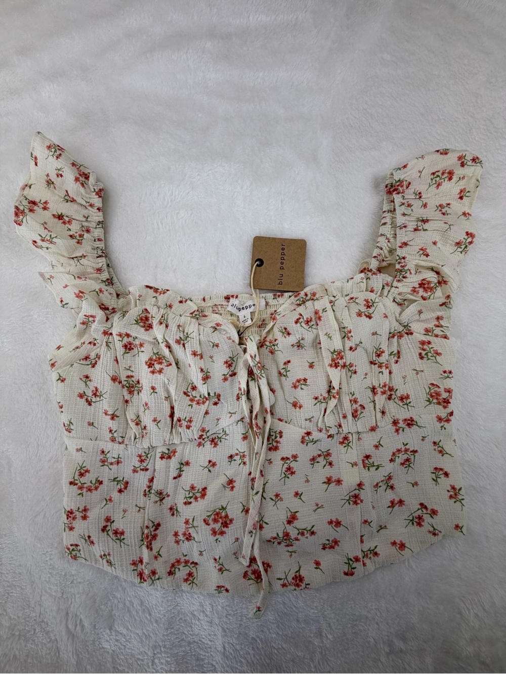 Blu Pepper Cream Crop Top with Red Floral Print